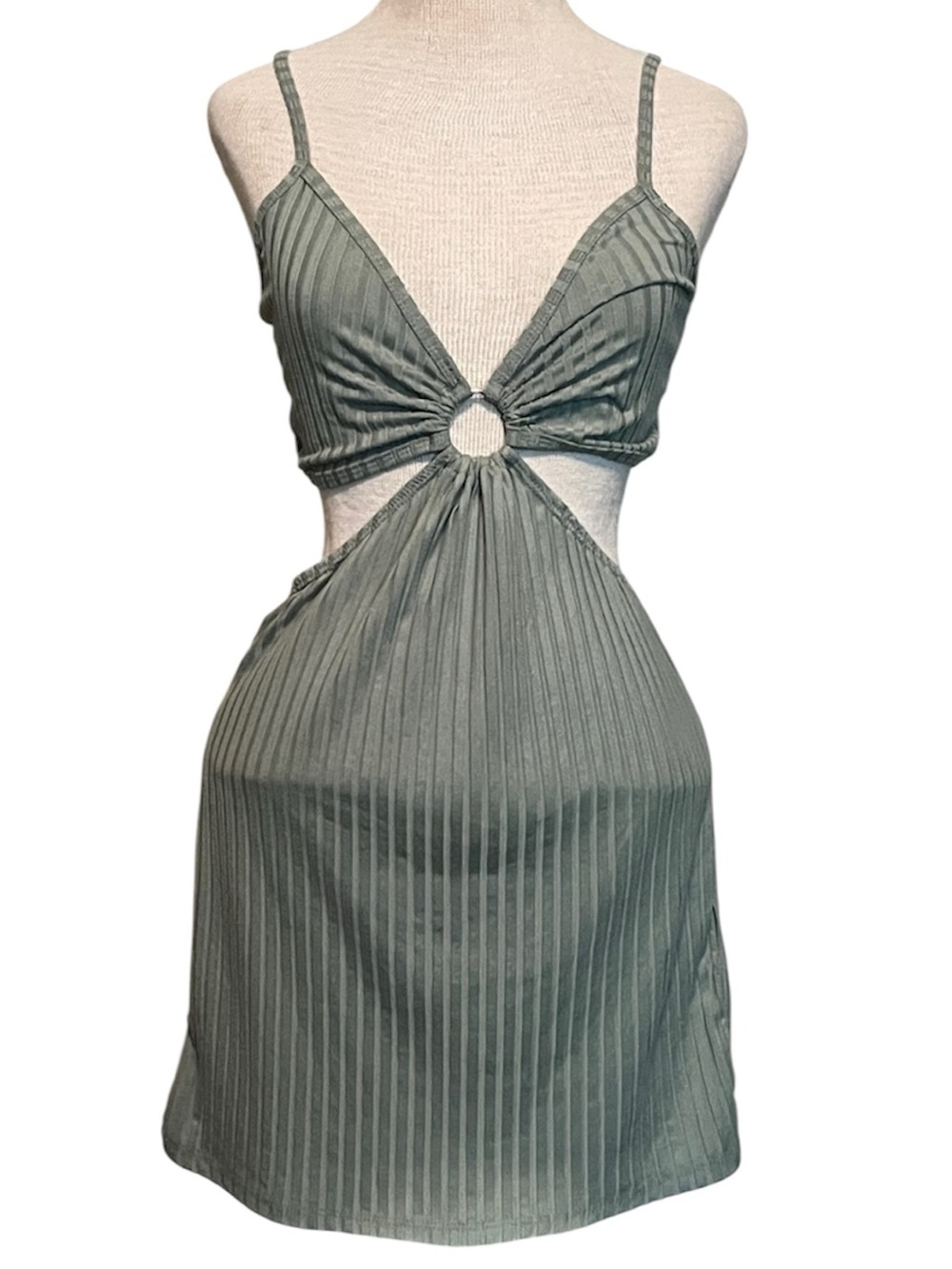 Poof New York Cutout Ribbed Mini Dress in Sage Green medium